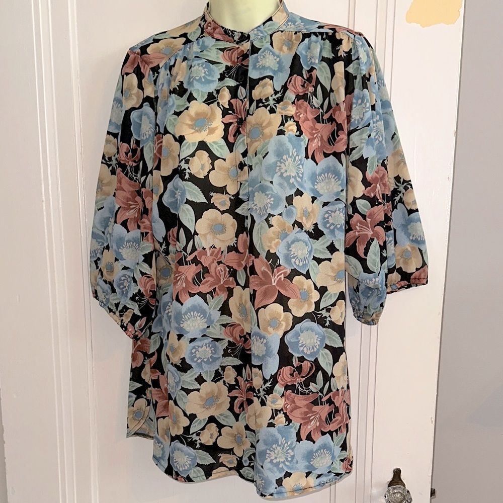 Vintage 70s The Branch Floral Knit Polyester Tunic Top with 3/4‎ Sleeves